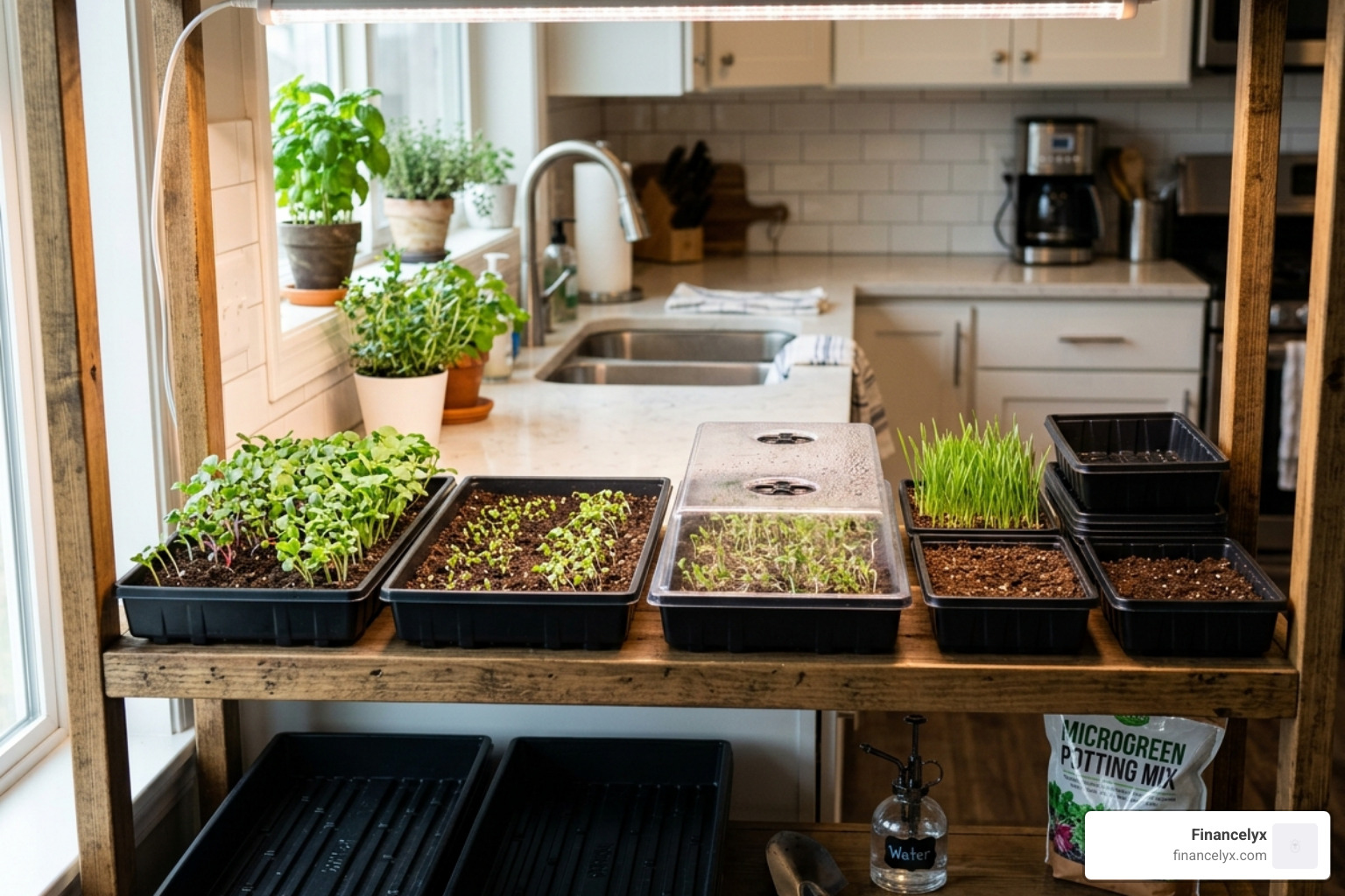 A variety of 1020 and 1010 microgreen trays arranged for indoor growing - microgreens growing supplies A variety of 1020 and 1010 microgreen trays arranged for indoor growing - microgreens growing supplies
