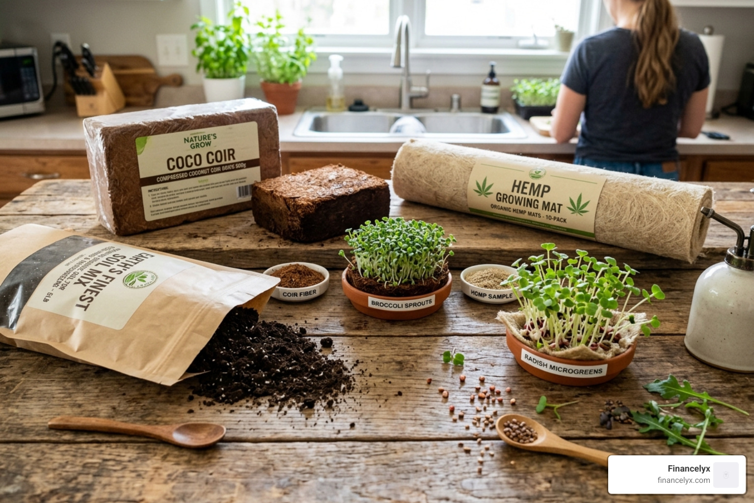 Various growing mediums including coconut coir, hemp mats, and soil mixes for microgreens - microgreens growing supplies Various growing mediums including coconut coir, hemp mats, and soil mixes for microgreens - microgreens growing supplies