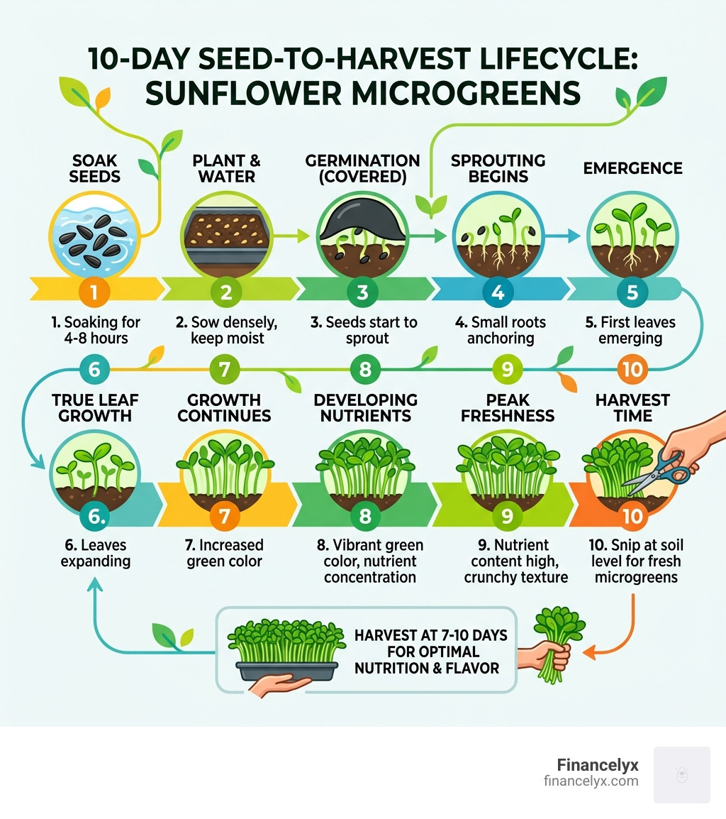 10-day seed-to-harvest lifecycle of sunflower microgreens infographic - health benefits of sunflower microgreens infographic 