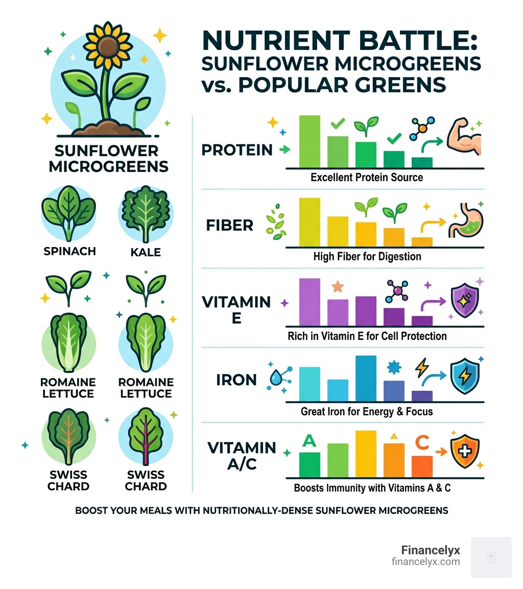 nutritional comparison chart of sunflower microgreens vs other greens infographic - health benefits of sunflower microgreens
