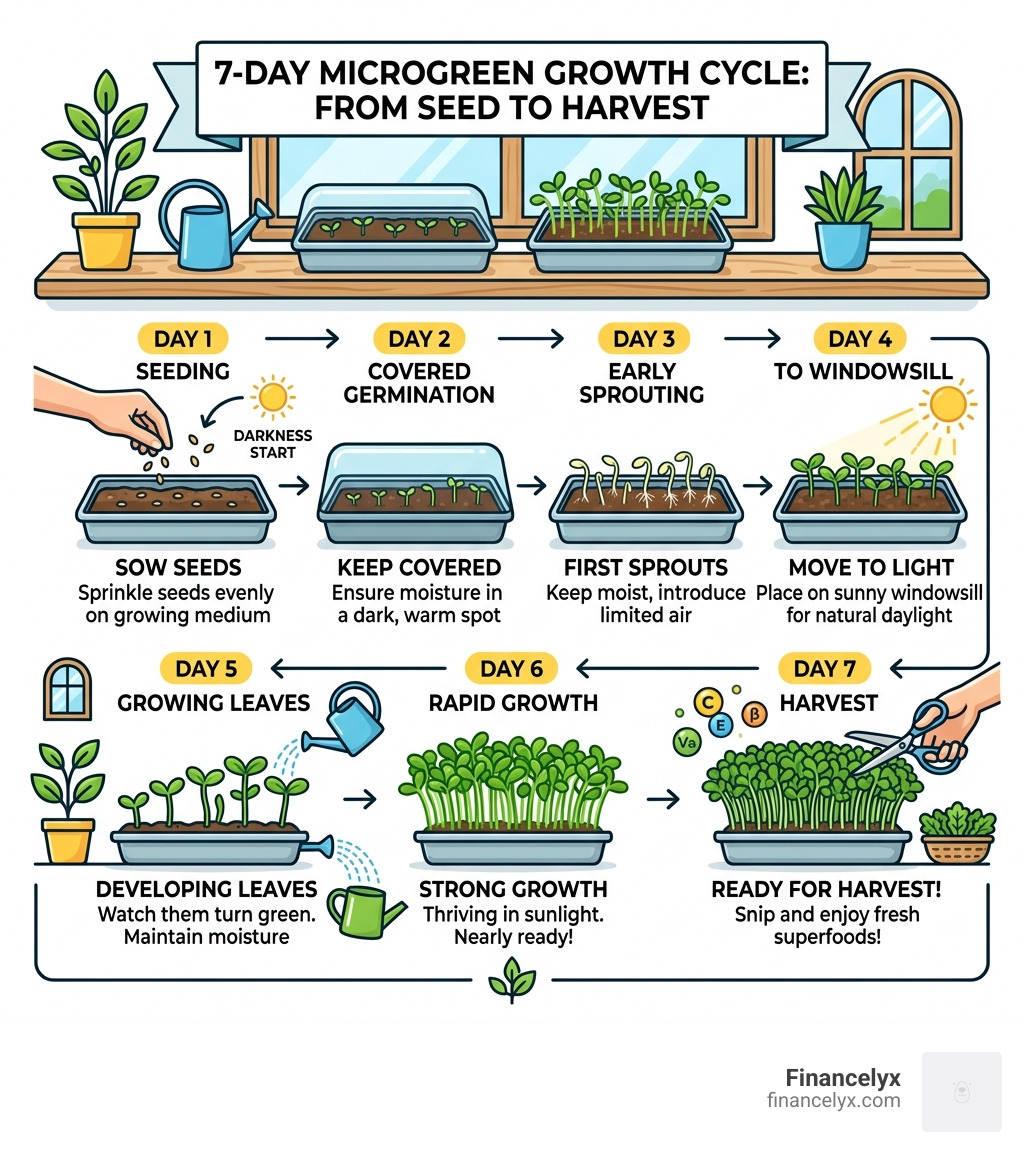 7-day microgreen growth cycle infographic from seed to harvest on a windowsill - window sill microgreens grow infographic 