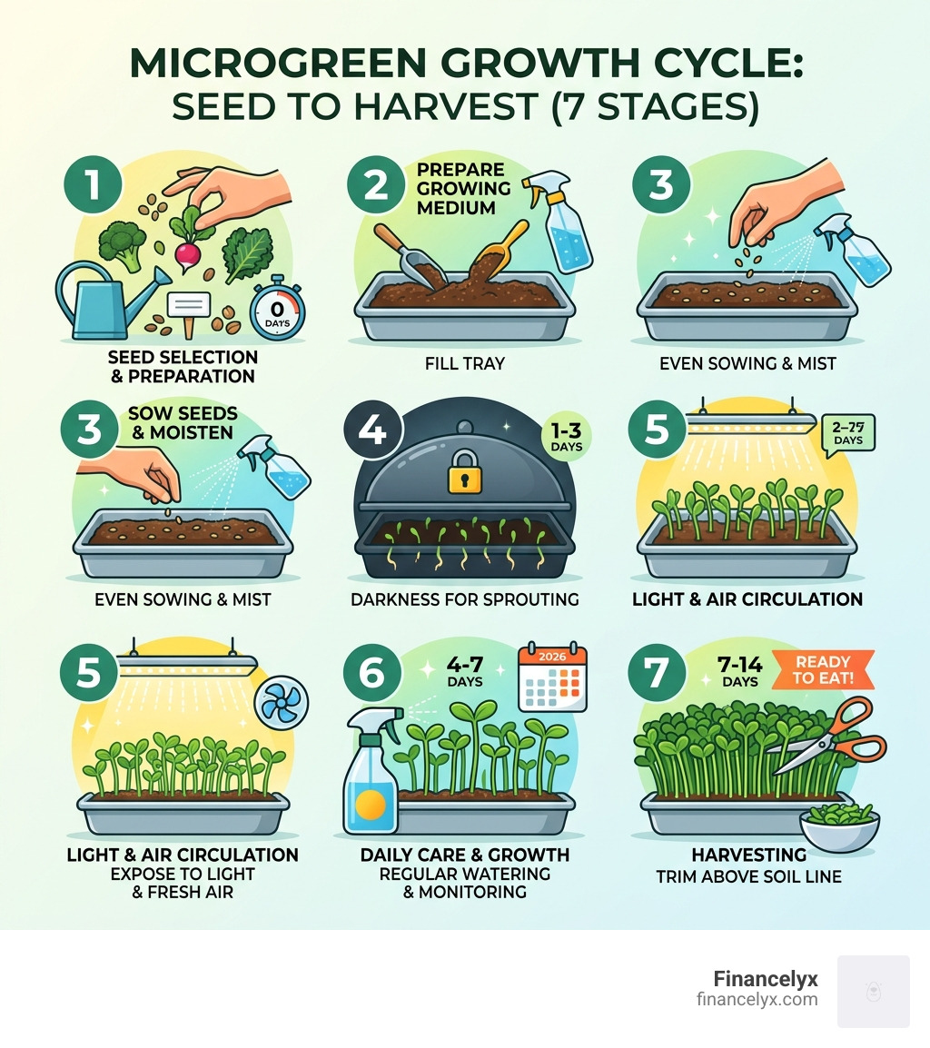 Microgreen growth cycle from seed to harvest infographic showing 7 stages - growing microgreens for beginners infographic 