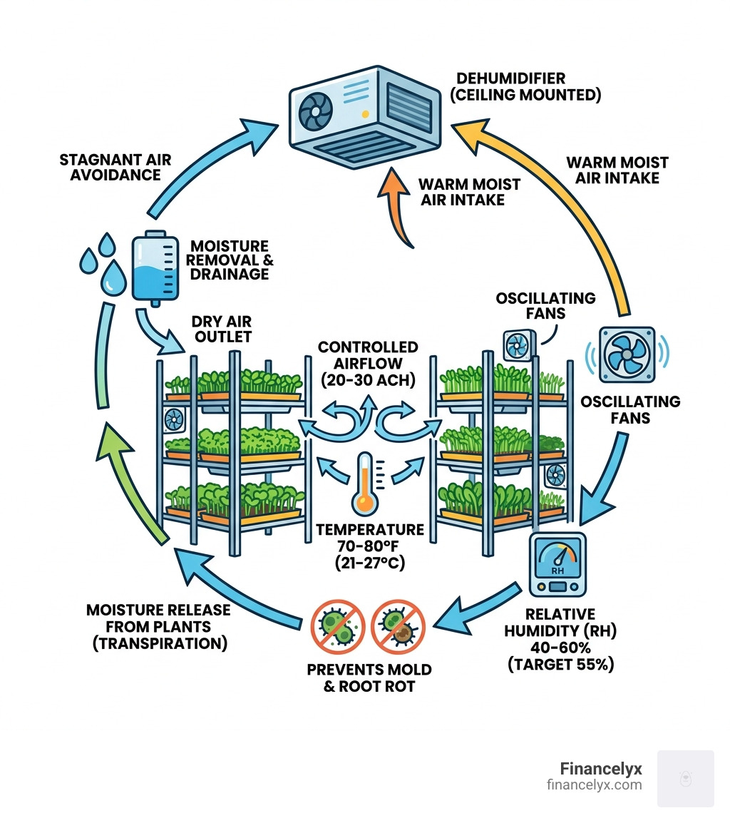 Cycle of airflow and humidity control in a microgreens grow room infographic - microgreens dehumidifier airflow control