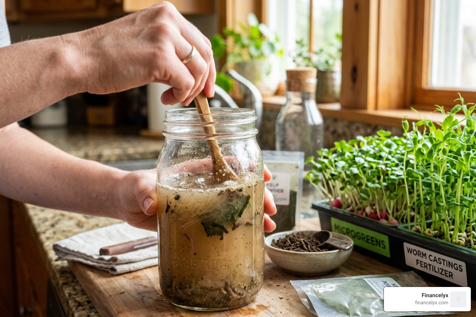 Mixing a DIY liquid organic fertilizer in a glass jar for indoor microgreens - organic microgreen fertilizer recipe
