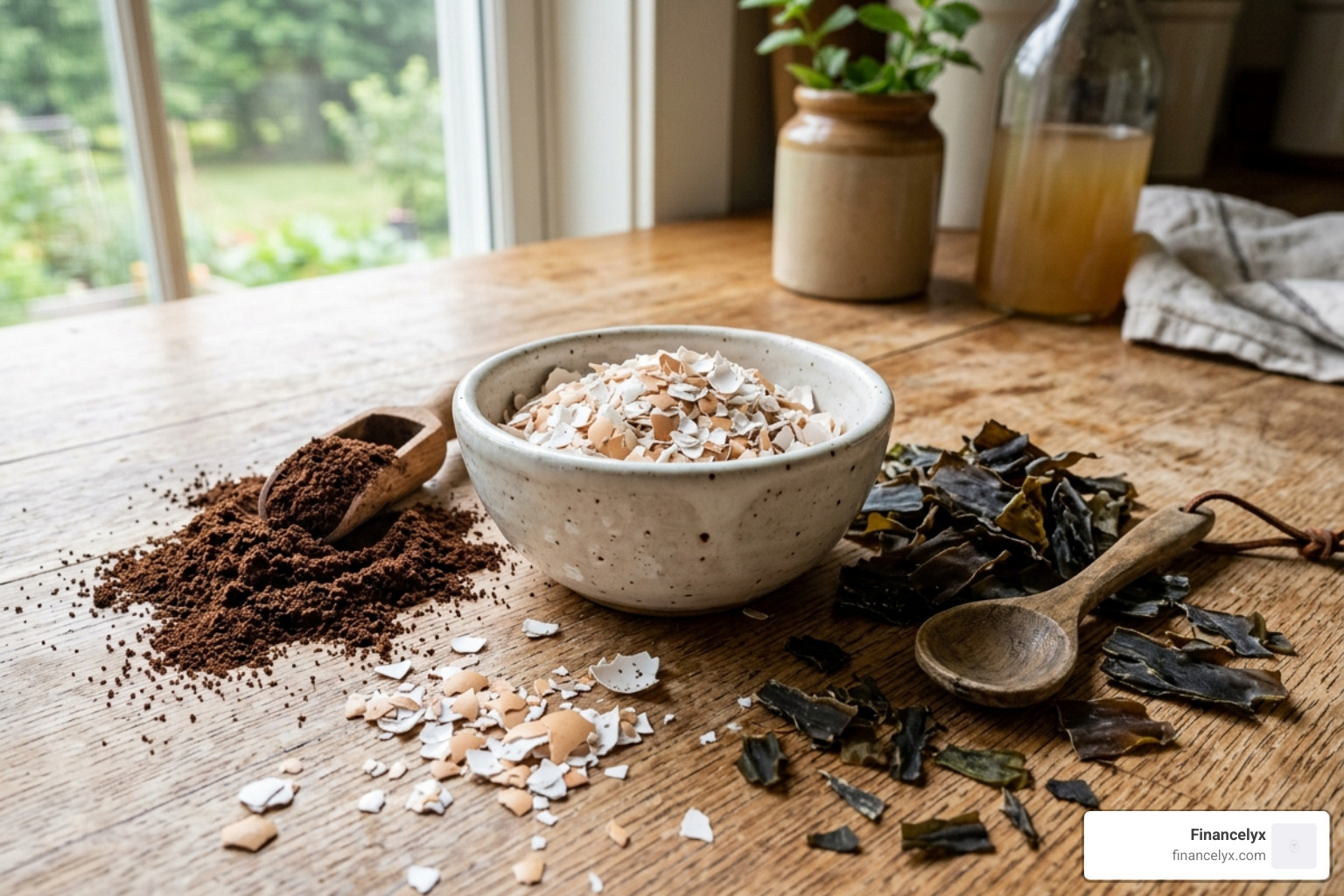 Natural organic ingredients like eggshells, seaweed, and coffee grounds for DIY fertilizer - organic microgreen fertilizer