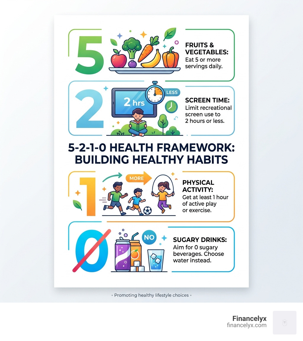5-2-1-0 daily health framework infographic showing 5 fruit and vegetable servings, 2 hours screen time, 1 hour activity, 0