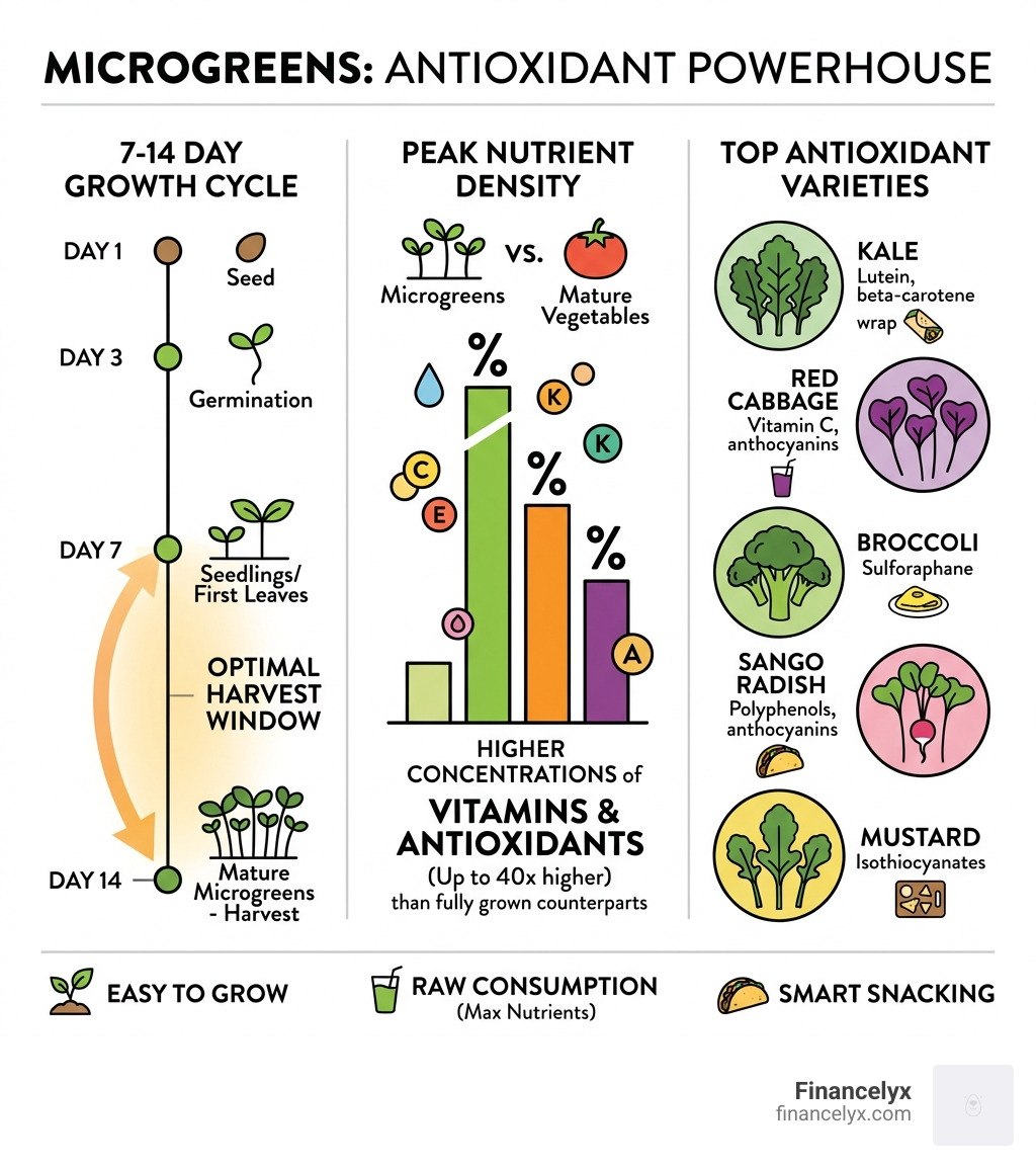 Infographic showing 7-14 day microgreen growth cycle, peak nutrient density, and top antioxidant varieties - antioxidant Infographic showing 7-14 day microgreen growth cycle, peak nutrient density, and top antioxidant varieties - antioxidant