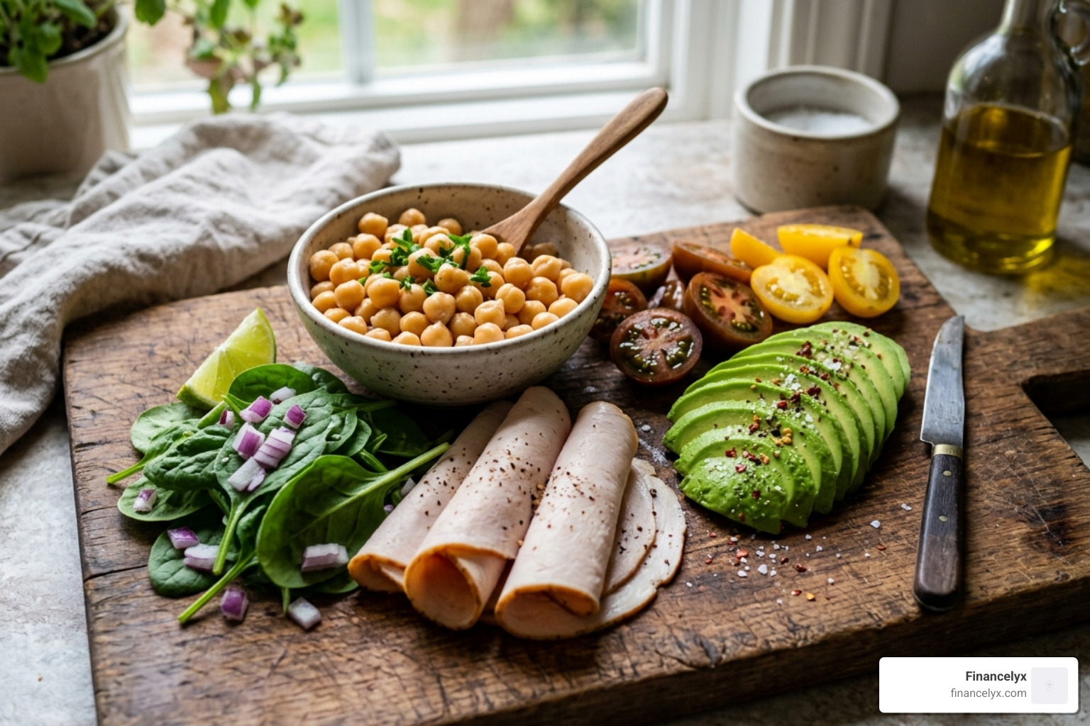 Top ingredients for a 300-calorie lunch including chickpeas, avocado, and lean turkey - easy 300 calorie lunch
