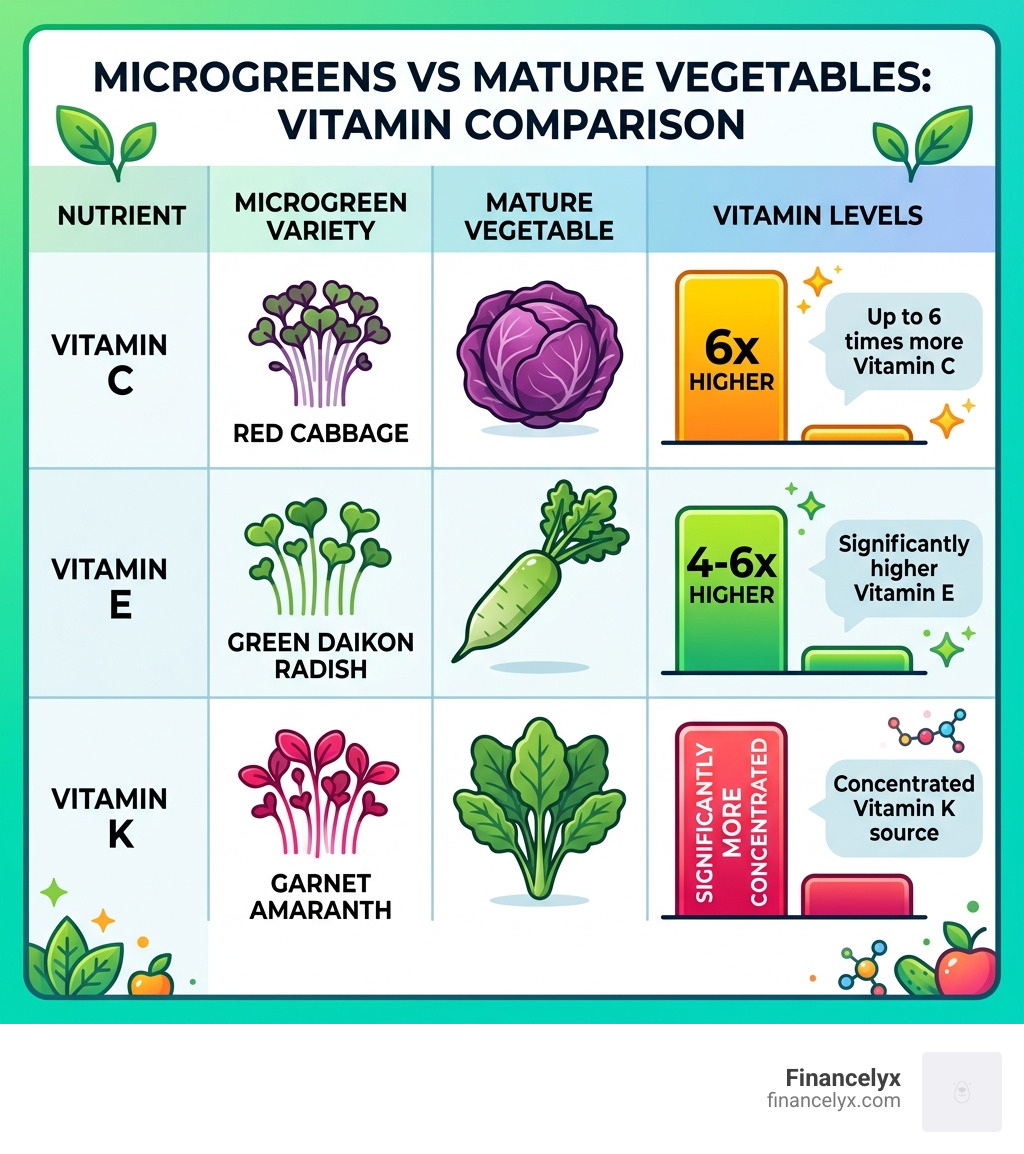 Comparison table of vitamins in microgreens versus mature vegetables - antioxidant rich microgreens snacks infographic Comparison table of vitamins in microgreens versus mature vegetables - antioxidant rich microgreens snacks infographic