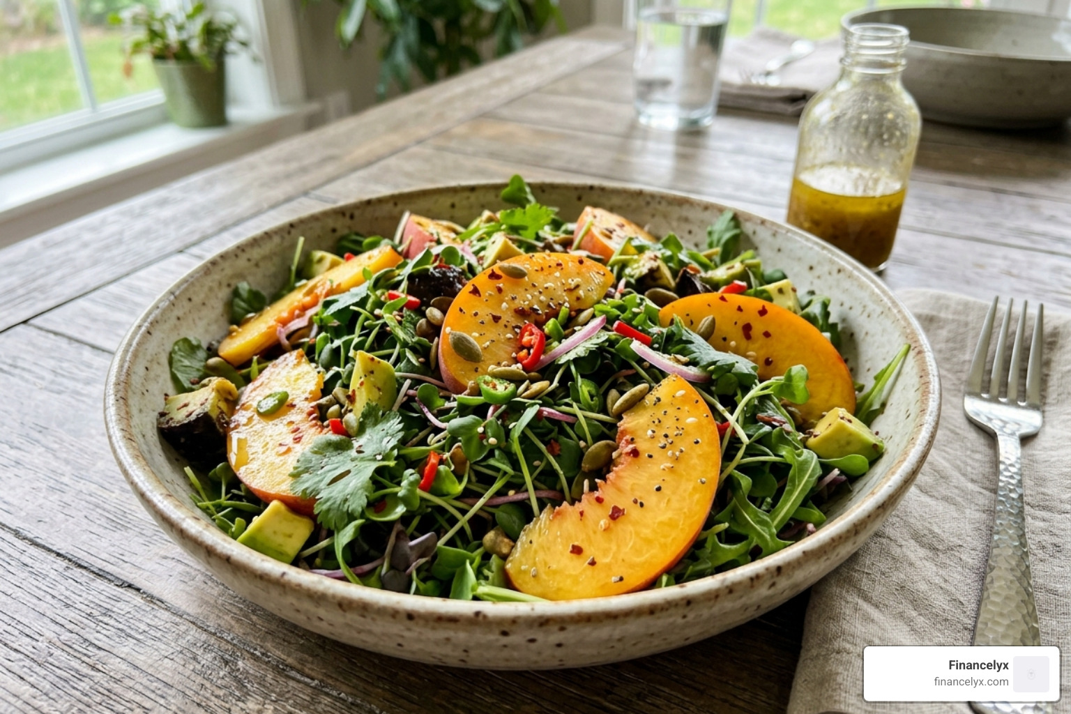 A vibrant spicy microgreen salad featuring fresh peaches and avocado - spicy microgreens recipe ideas