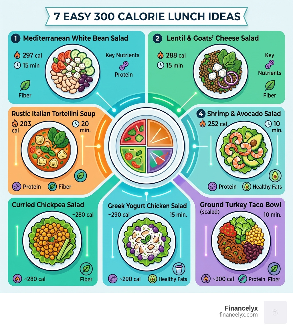 7 easy 300 calorie lunch ideas with calories, prep time, and key nutrients shown on a plate diagram - easy 300 calorie lunch