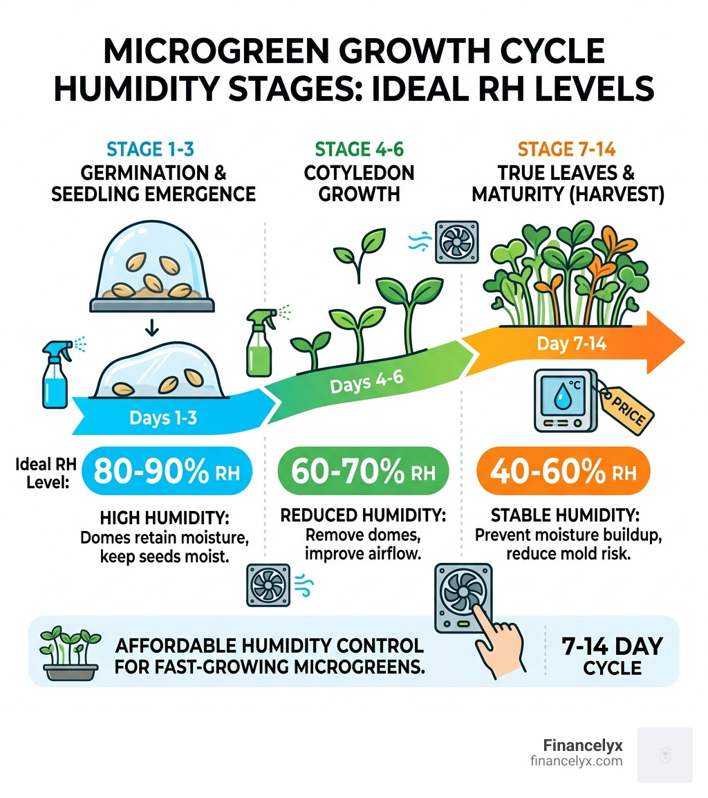 7-14 day microgreen growth cycle humidity stages and ideal RH levels - affordable humidity control microgreens infographic 