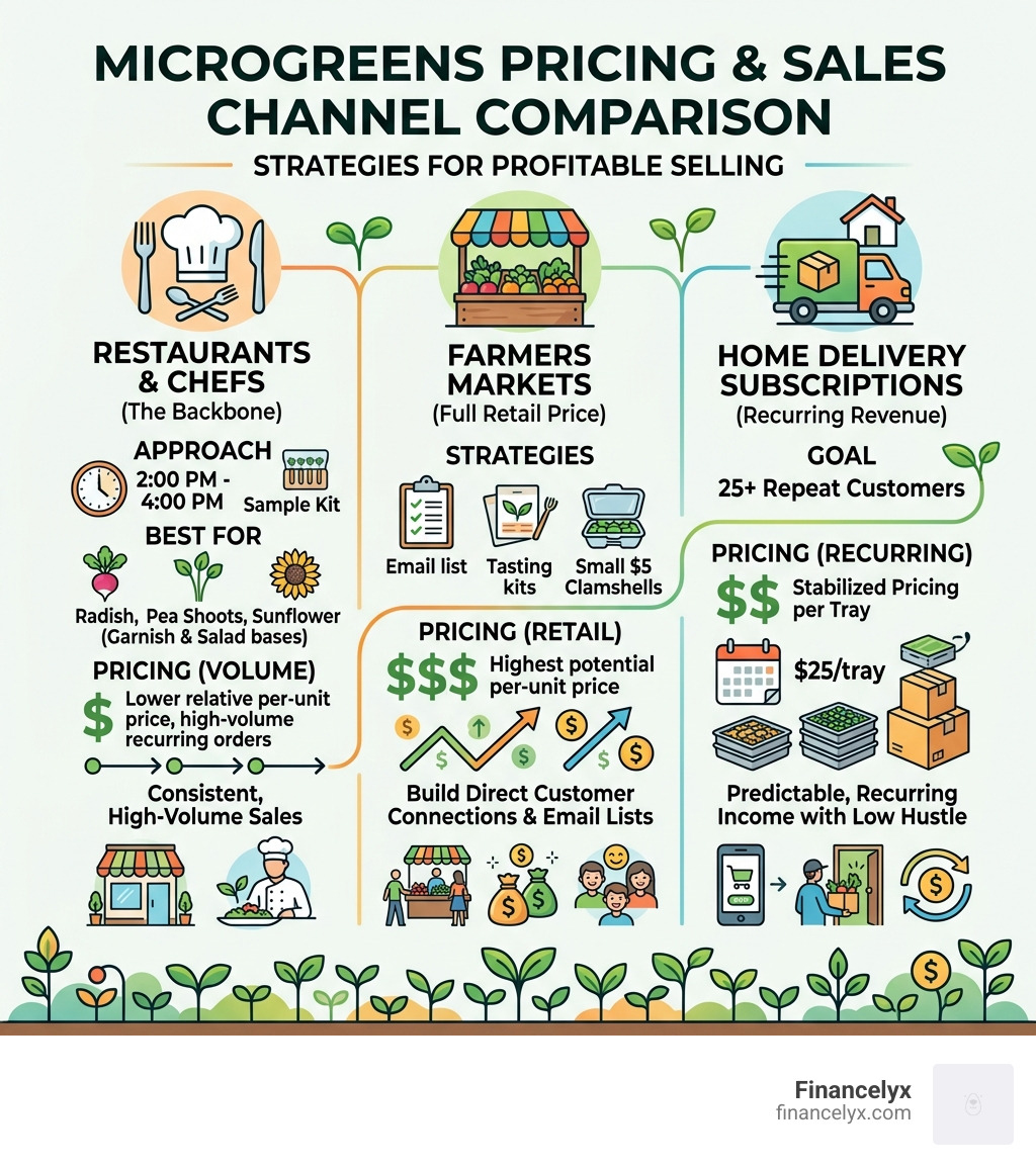 Microgreens pricing and sales channel comparison table - selling microgreens for profit infographic 