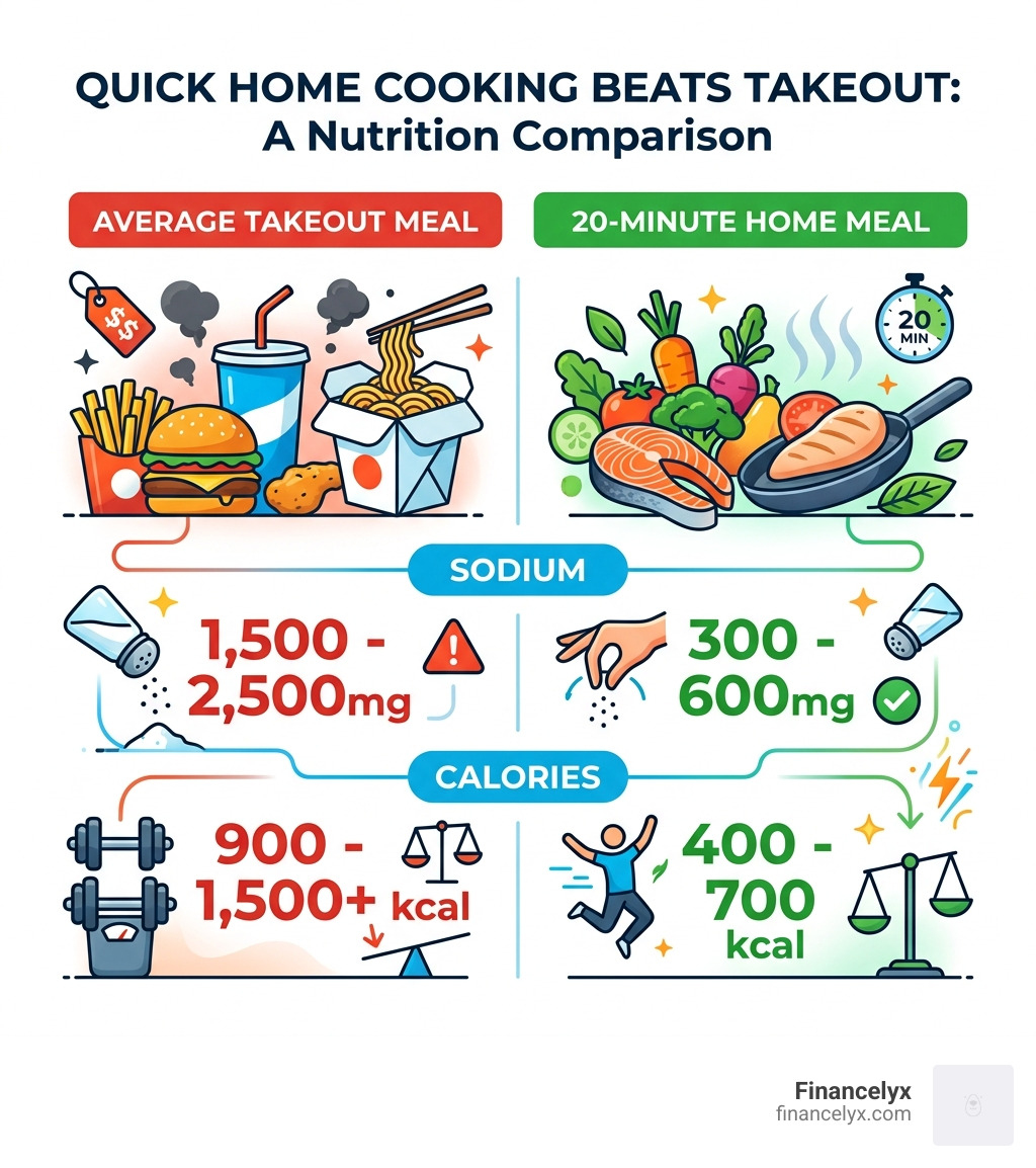 Table comparing sodium and calories in takeout vs. 20-minute home meals - 20 minute healthy meals infographic 