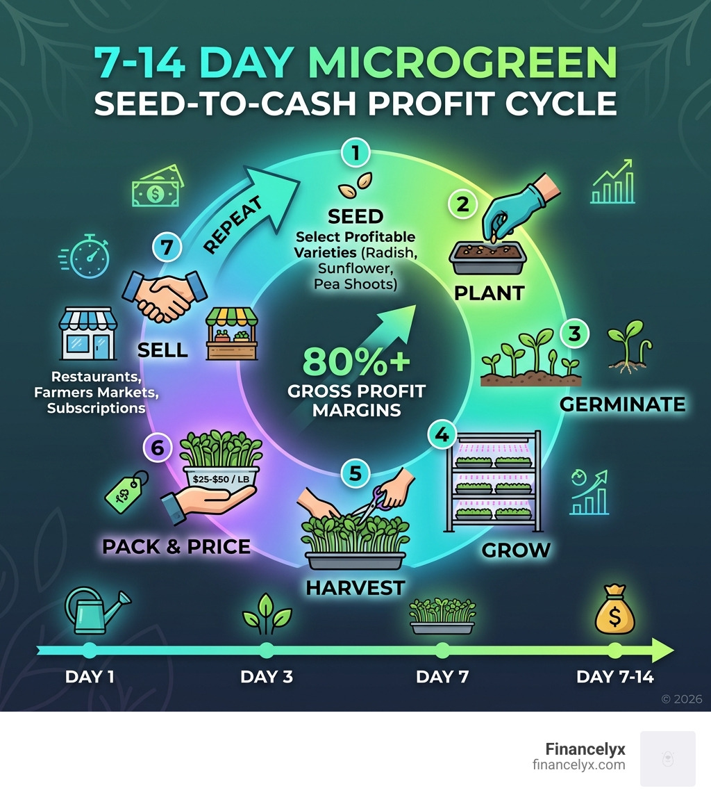 7-14 day microgreen seed-to-cash profit cycle infographic - selling microgreens for profit infographic 