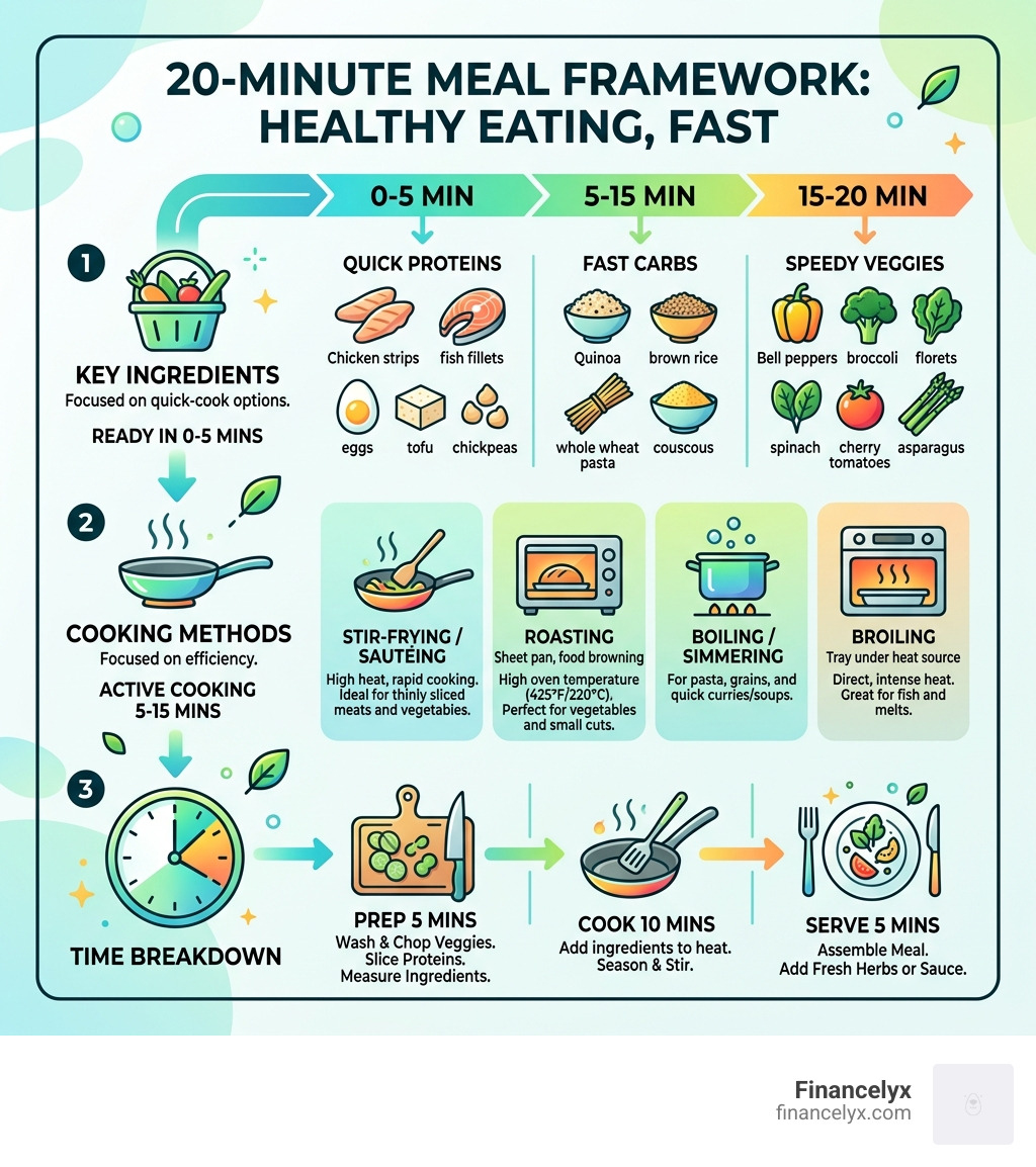 20-Minute Meal Framework infographic showing key ingredients, cooking methods, and time breakdown - 20 minute healthy meals