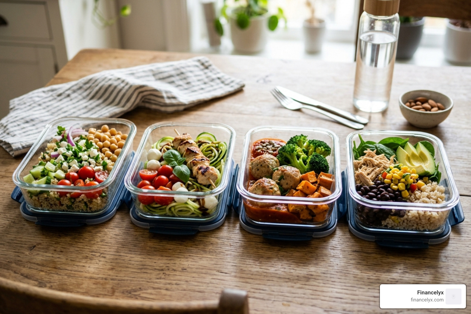 Glass meal prep containers filled with various 300-calorie lunches - easy 300 calorie lunch