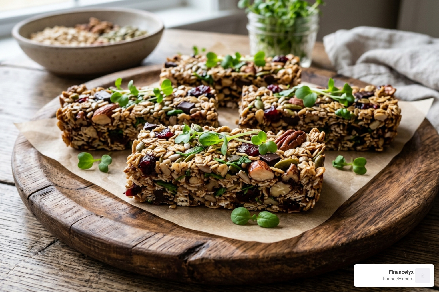 No-bake microgreen granola bars on a wooden platter - antioxidant rich microgreens snacks No-bake microgreen granola bars on a wooden platter - antioxidant rich microgreens snacks
