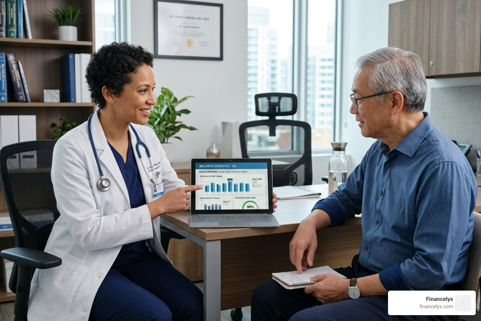 Doctor discussing wellness statistics with a patient in a modern clinic - Healthy living articles