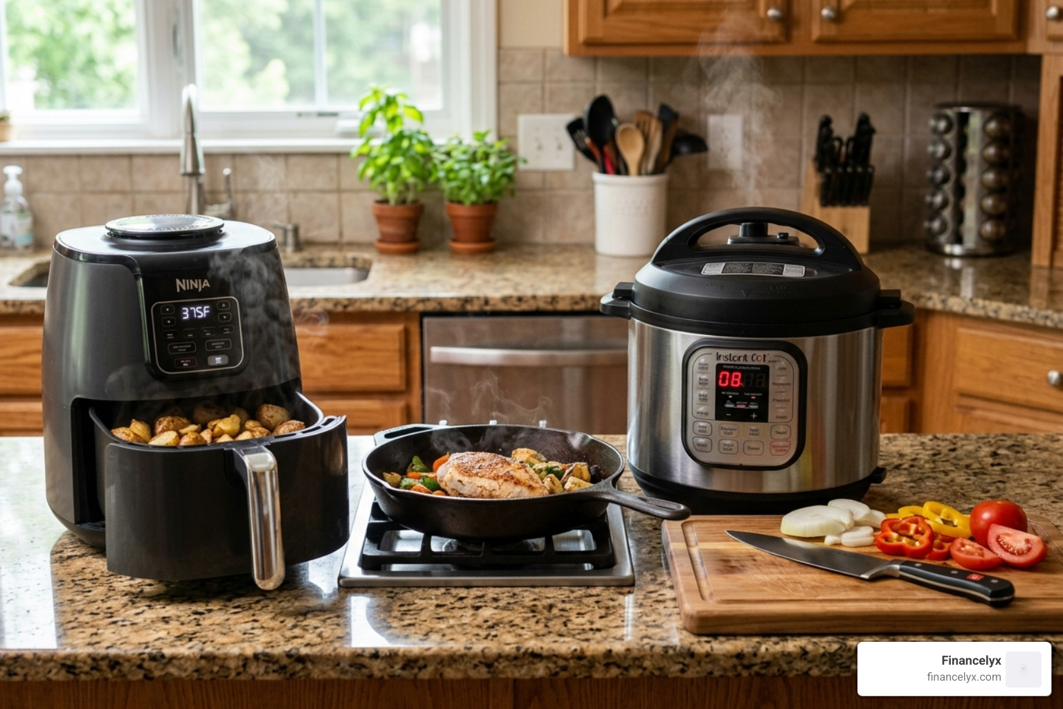 Essential kitchen tools like an air fryer and a cast-iron skillet for fast cooking - 20 minute healthy meals