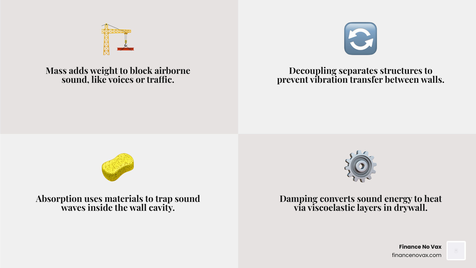 Infographic showing four soundproofing principles: mass, decoupling, absorption, and damping with examples - drywall for