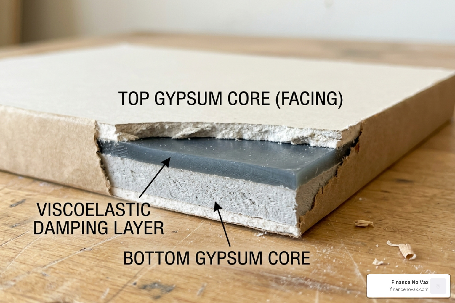 Cross-section of soundproof drywall showing the viscoelastic damping layer between gypsum cores - drywall for soundproofing