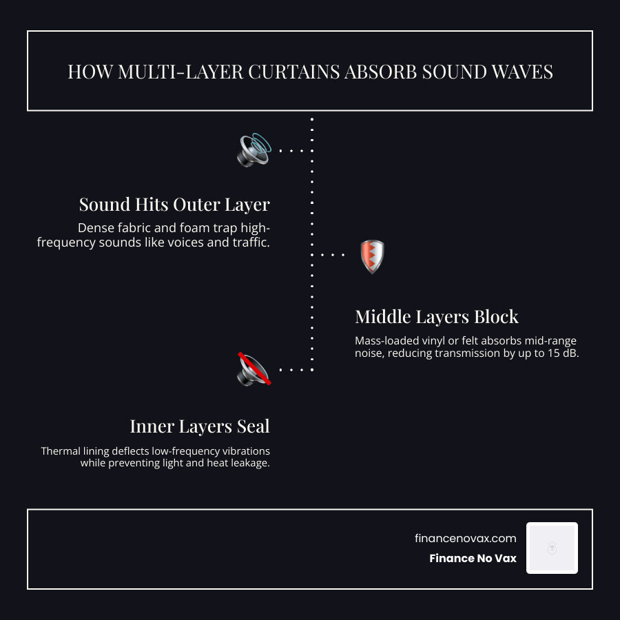 infographic showing how multi-layer curtain textiles absorb and block sound waves - best noise reduction curtains