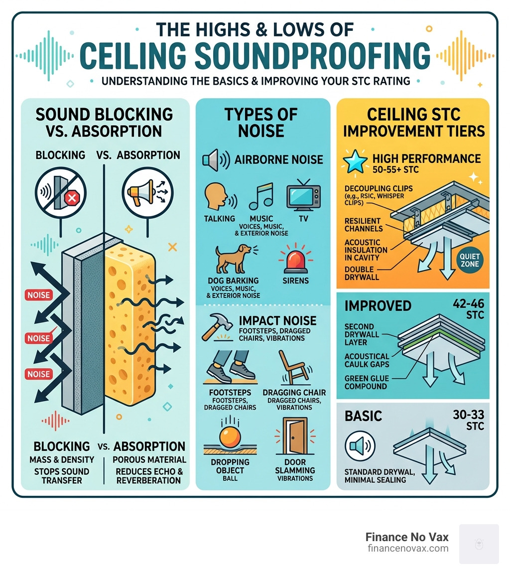 Infographic showing sound blocking vs sound absorption, noise types, and ceiling STC improvement tiers - best way to