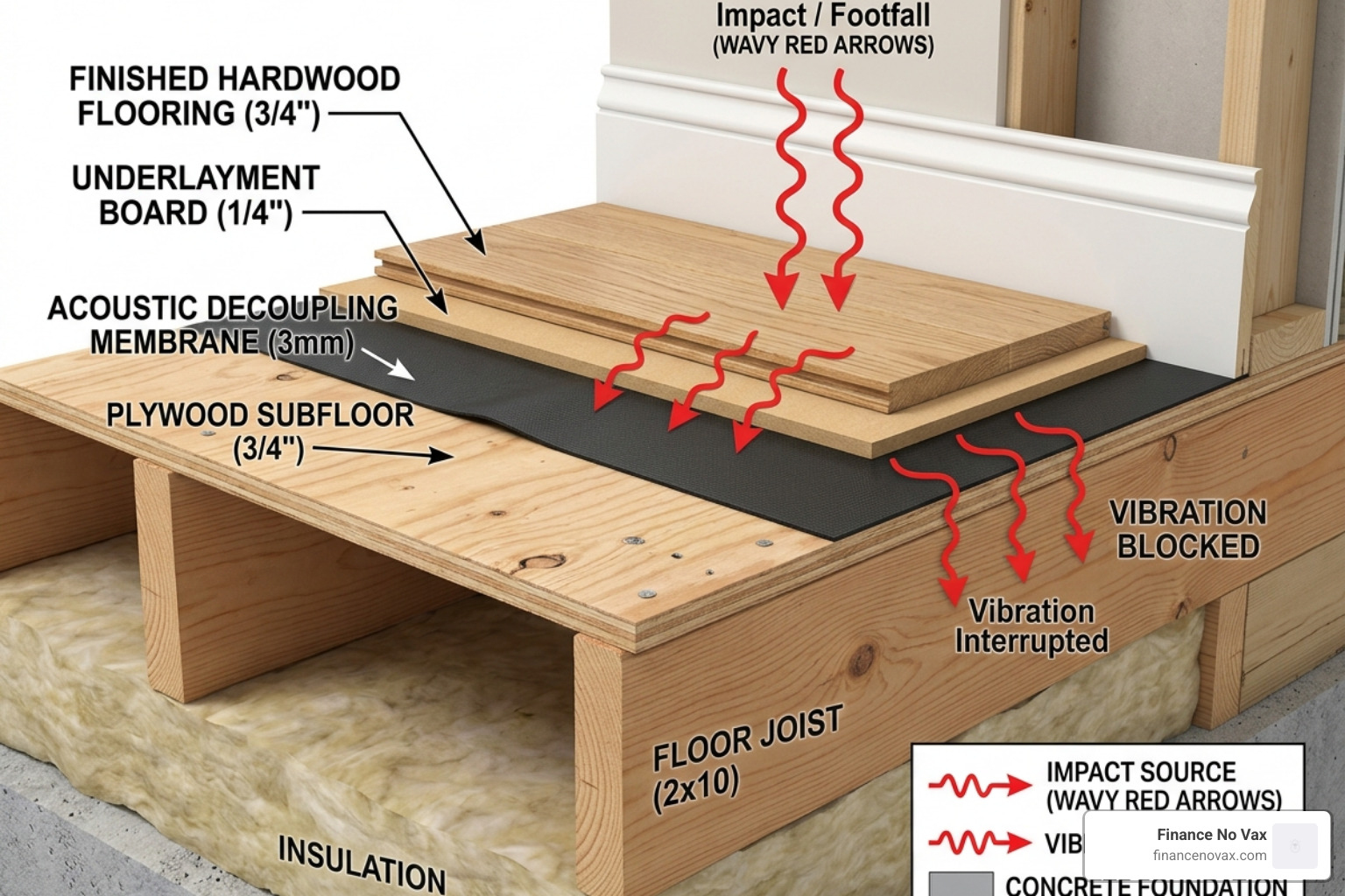 Cross-section of flooring layers showing the membrane as a decoupling agent - acoustic membrane floor Cross-section of flooring layers showing the membrane as a decoupling agent - acoustic membrane floor