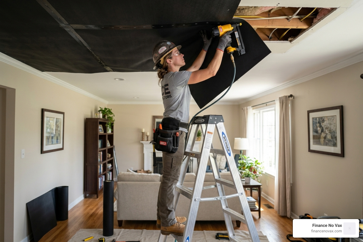 Professional contractor installing mass-loaded vinyl on a ceiling - best way to soundproof a ceiling