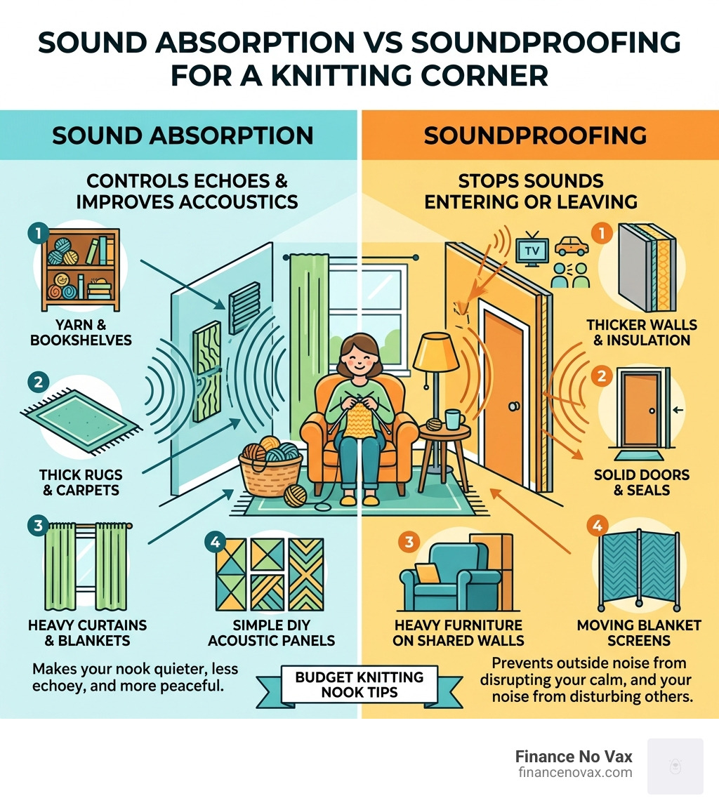 Sound absorption vs soundproofing for a knitting corner infographic - budget soundproofing knitting corner infographic Sound absorption vs soundproofing for a knitting corner infographic - budget soundproofing knitting corner infographic