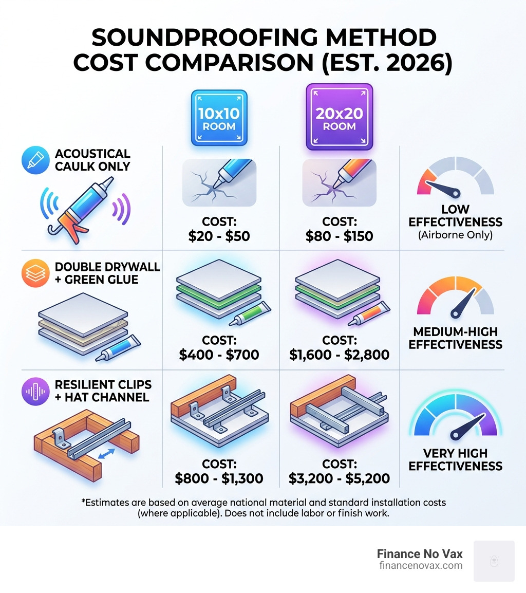 Table comparing 10x10 vs 20x20 project costs for different soundproofing methods - best way to soundproof a ceiling