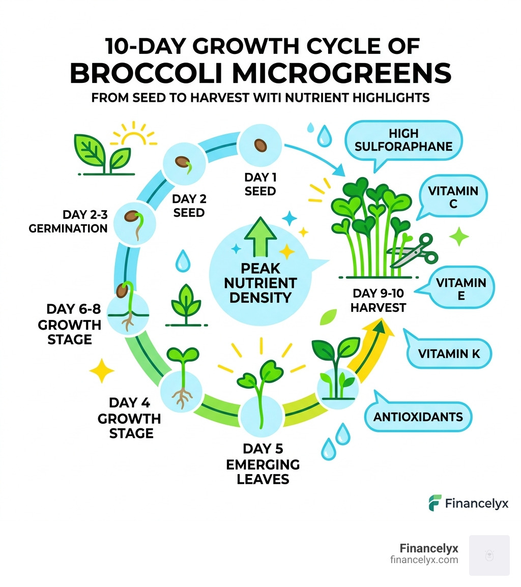infographic showing the 10-day growth cycle of broccoli microgreens from seed to harvest with nutrient highlights - benefits