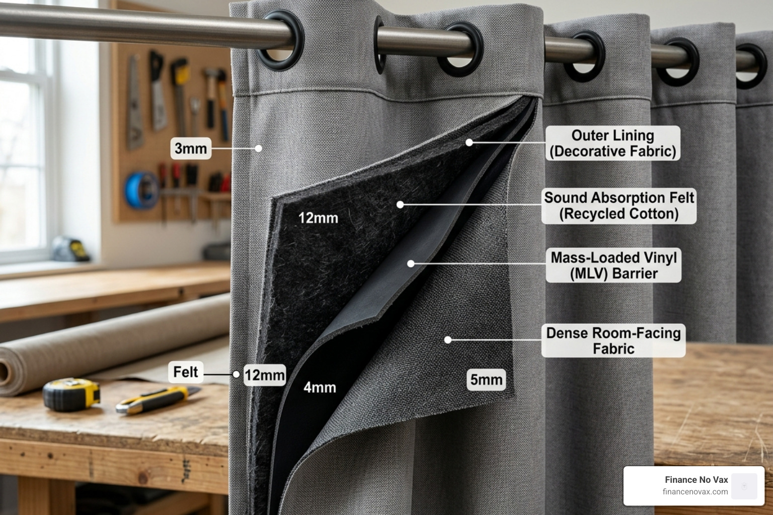 cross-section of a 4-layer noise reduction curtain showing felt and barrier layers - best noise reduction curtains