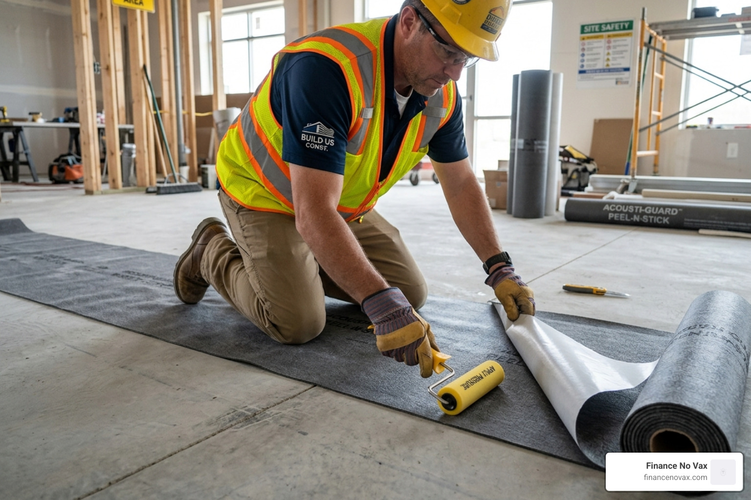 Contractor applying a peel-and-stick membrane to a clean subfloor - acoustic membrane floor Contractor applying a peel-and-stick membrane to a clean subfloor - acoustic membrane floor