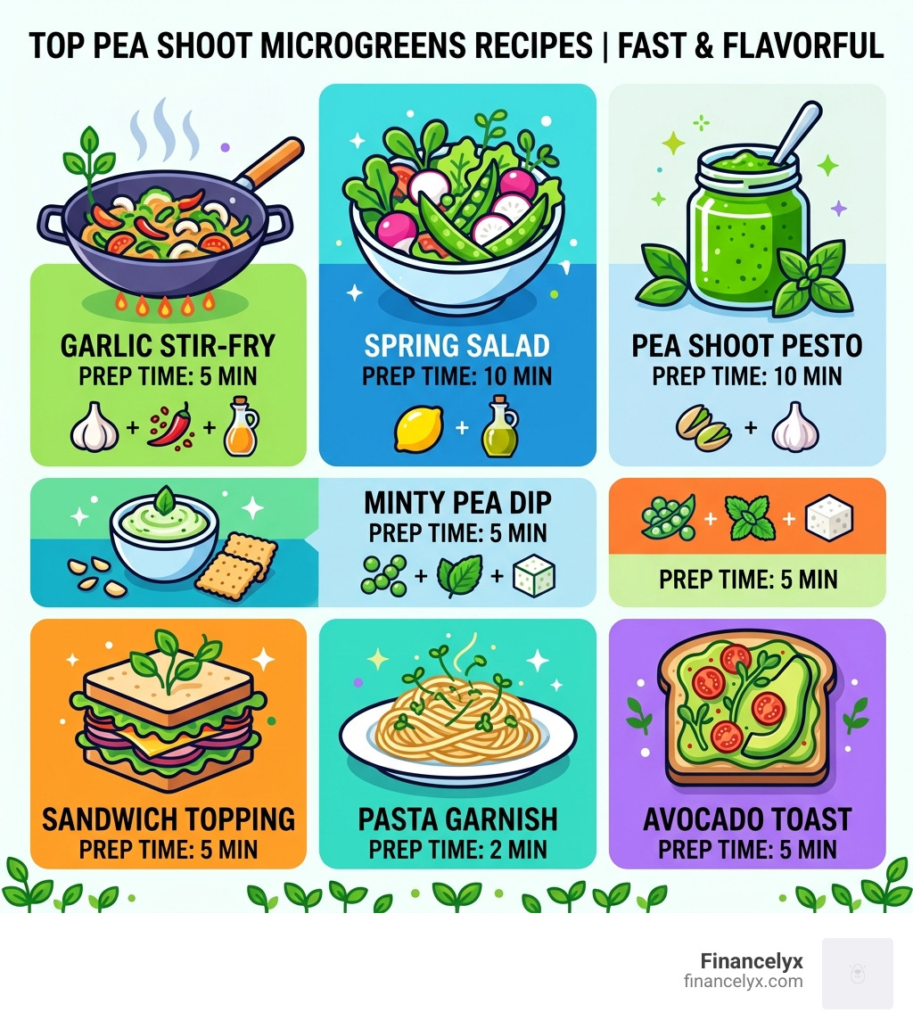 infographic showing top pea shoot microgreens recipes from stir-fry to pesto with prep times - pea shoot microgreens recipes