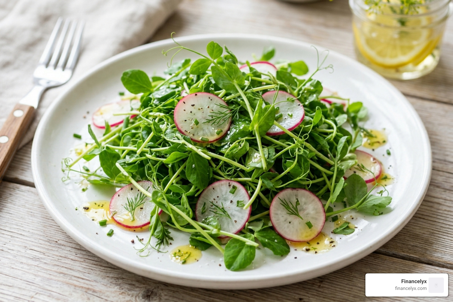 fresh spring pea shoot salad with radishes and lemon vinaigrette - pea shoot microgreens recipes