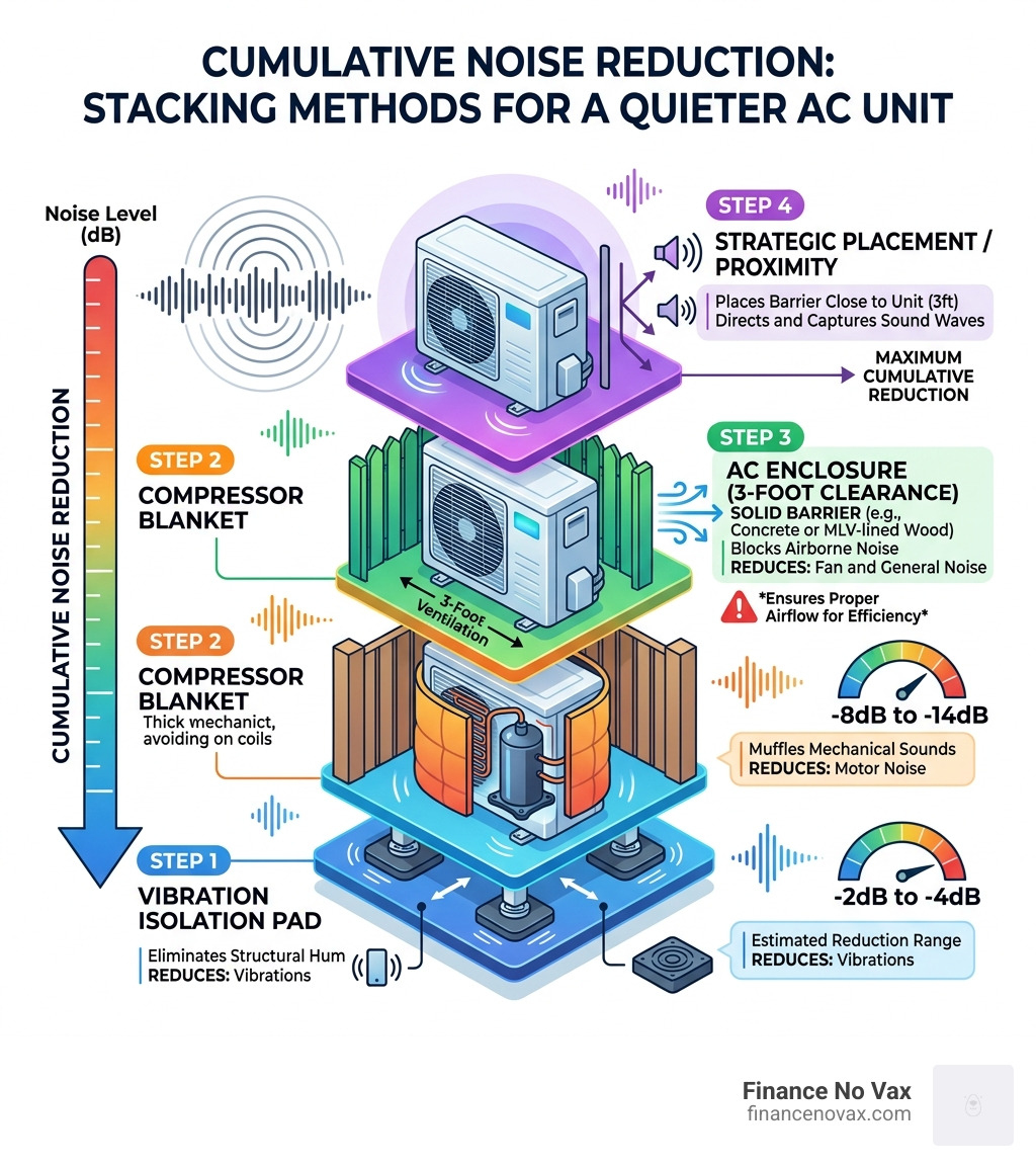 Infographic showing cumulative noise reduction of different methods - soundproofing noisy ac unit infographic 