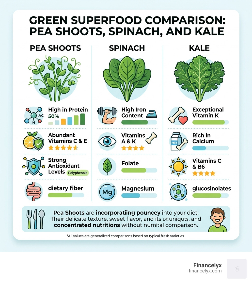 infographic comparing nutritional value of pea shoots vs spinach and kale - pea shoot microgreens recipes infographic 