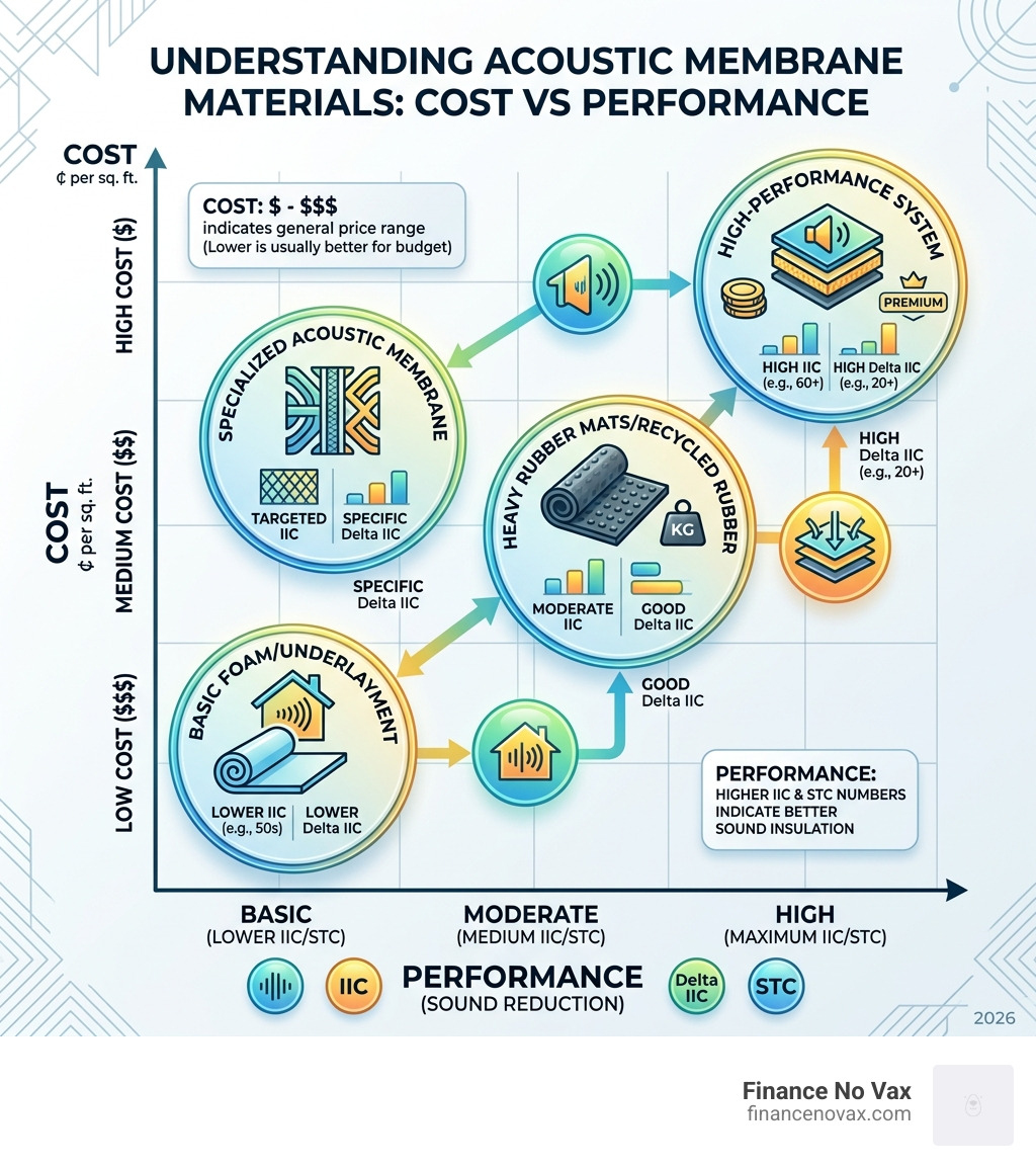 Infographic showing the cost vs performance of different membrane materials - acoustic membrane floor infographic Infographic showing the cost vs performance of different membrane materials - acoustic membrane floor infographic