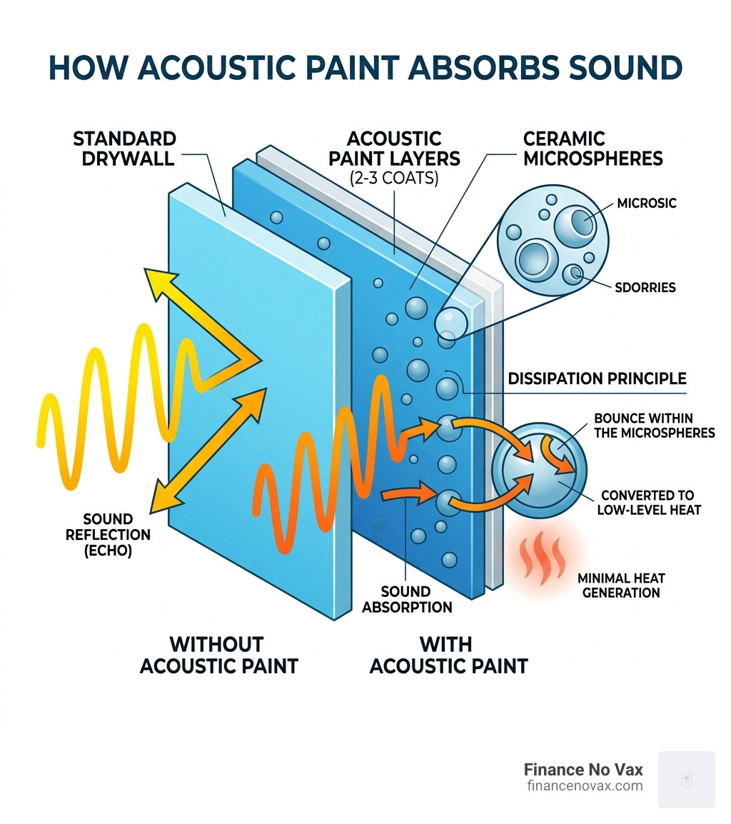 Infographic showing how acoustic paint absorbs sound waves with ceramic microspheres in wall layers - diy acoustic paint