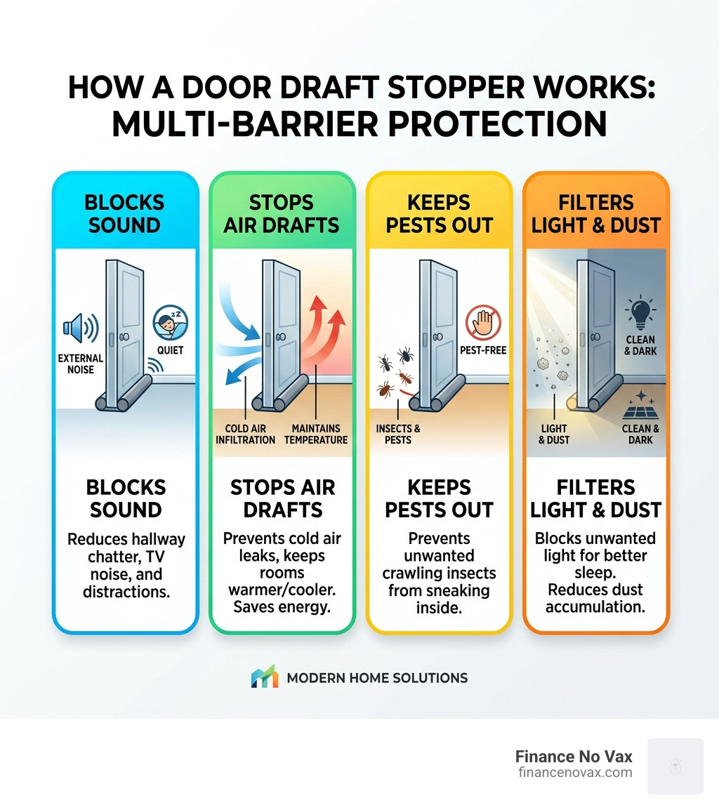Infographic showing how a door draft stopper blocks sound, air, light, and pests under a door - door draft stopper