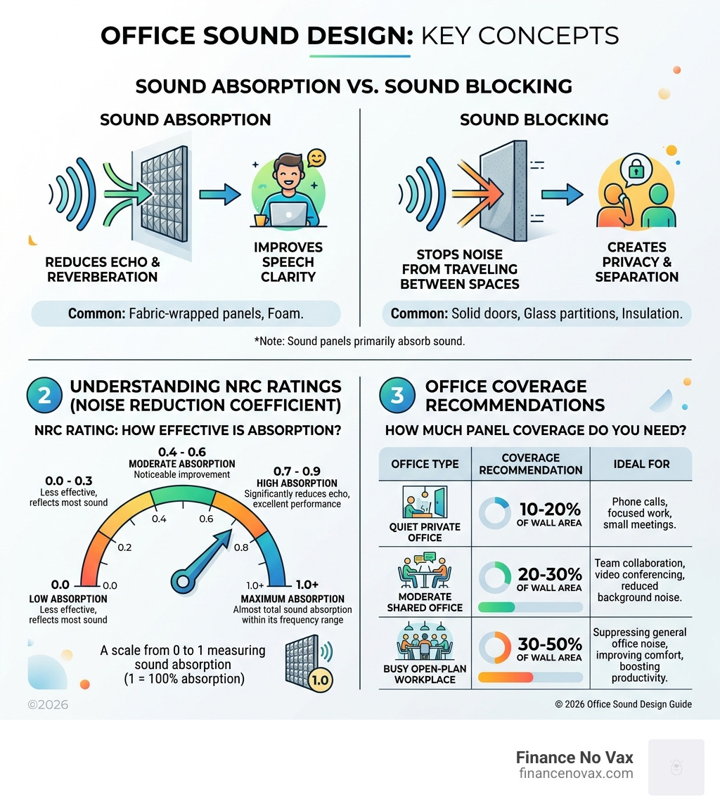 Infographic showing sound absorption vs sound blocking, NRC ratings, and coverage recommendations for offices - sound panels
