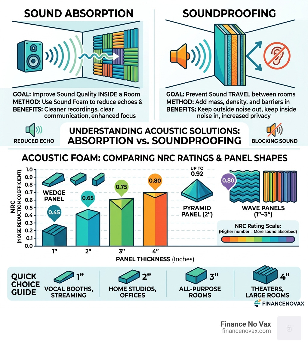Infographic comparing sound absorption vs soundproofing, showing NRC ratings by foam thickness and panel shapes - sound foam Infographic comparing sound absorption vs soundproofing, showing NRC ratings by foam thickness and panel shapes - sound foam