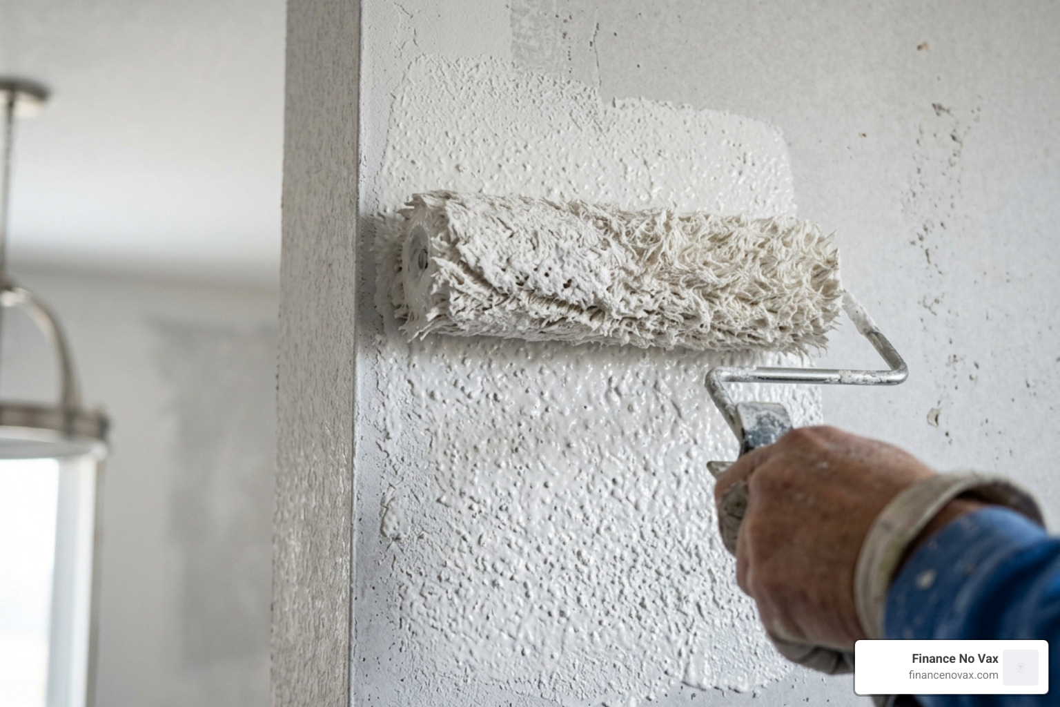 Close-up of thick acoustic paint being applied with a heavy-nap roller - diy acoustic paint project