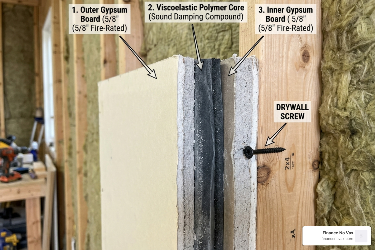Layers of soundproof drywall showing the gypsum core and viscoelastic polymer - sound blocking drywall systems