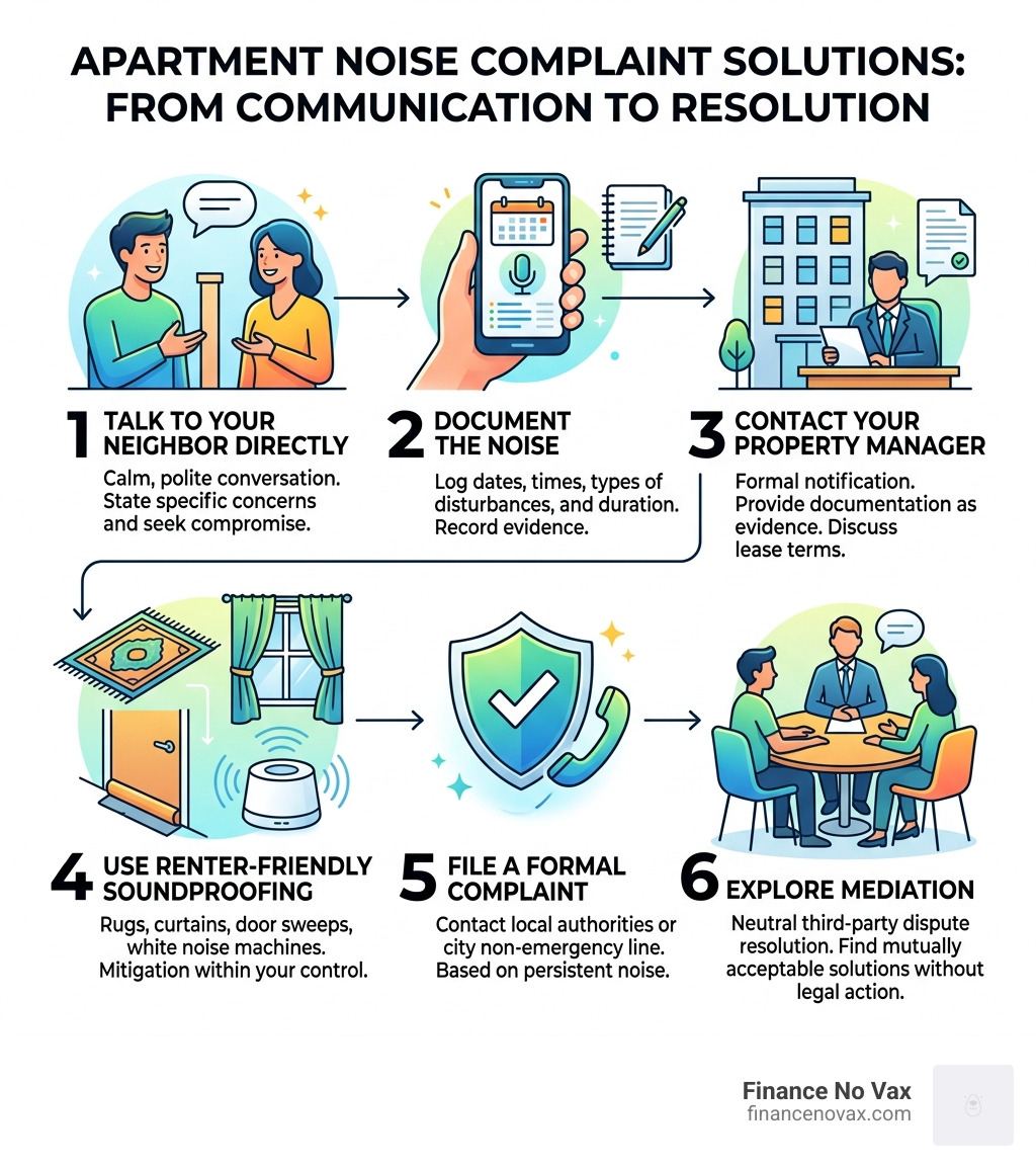 Step-by-step infographic showing apartment noise complaint solutions from communication to legal action - apartment noise