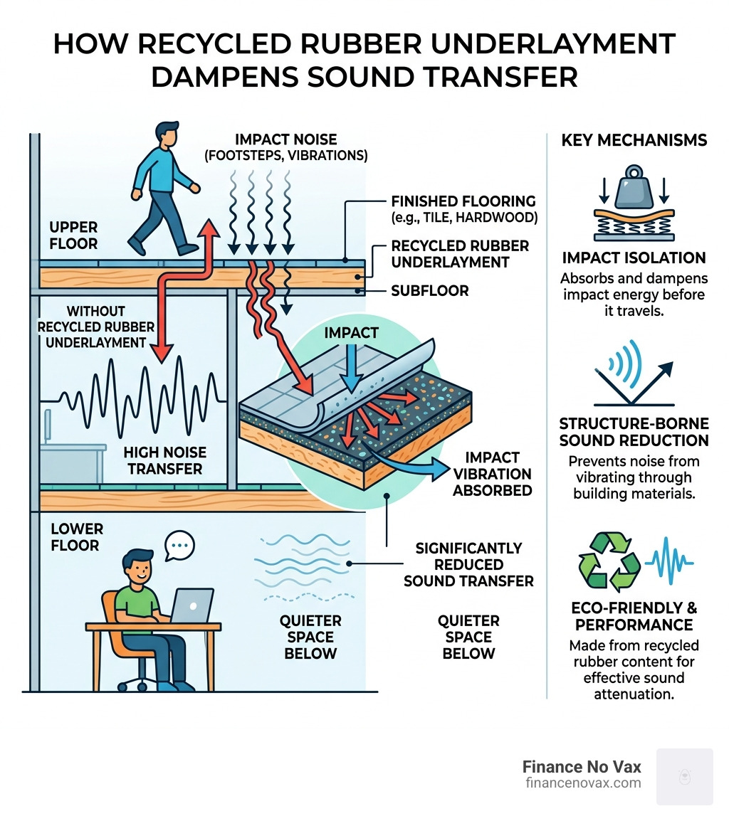 infographic showing how recycled rubber underlayment dampens floor-to-floor sound transfer - acoustic rubber flooring