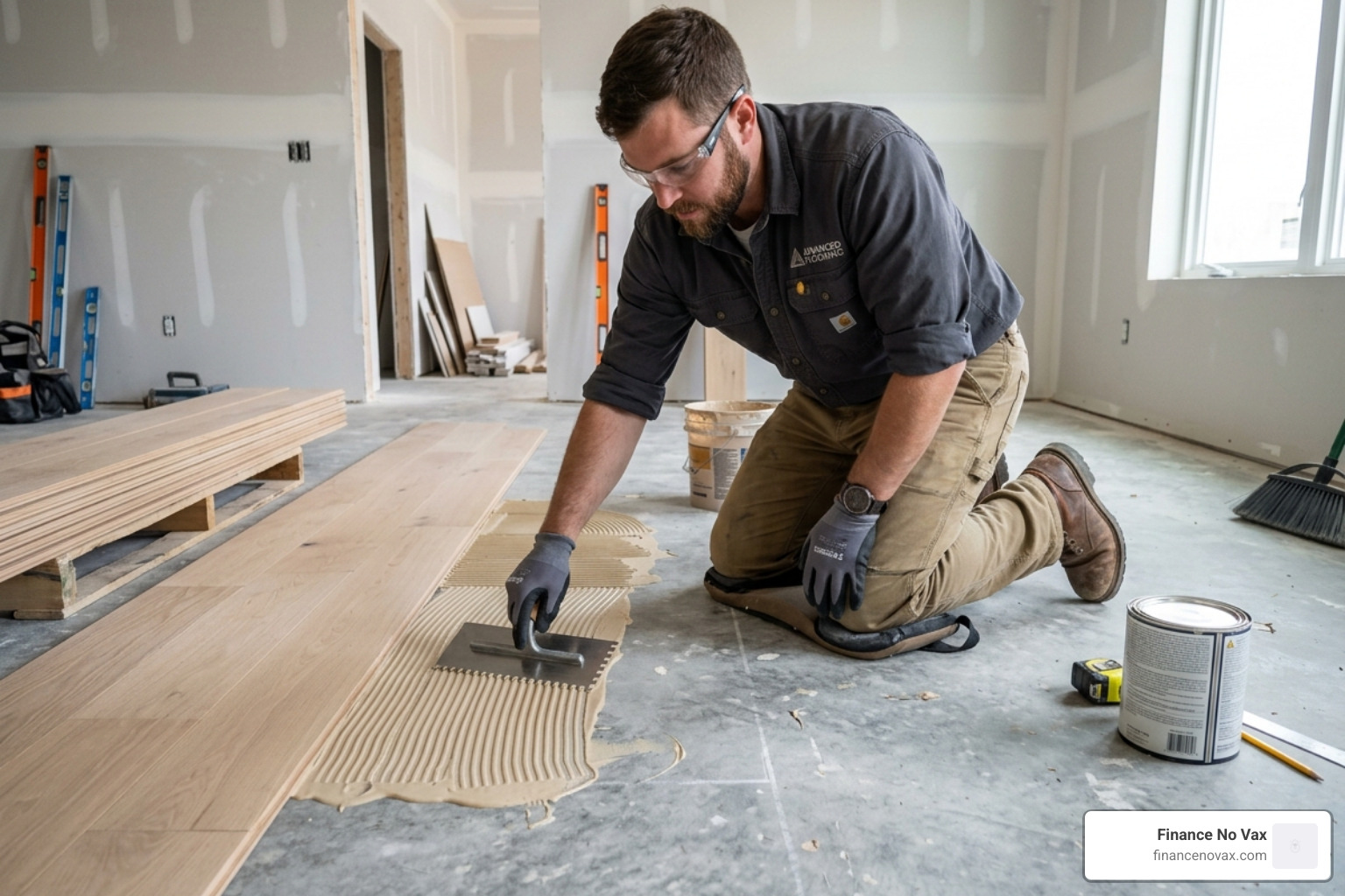 professional installer applying polyurethane adhesive to a level subfloor - acoustic rubber flooring