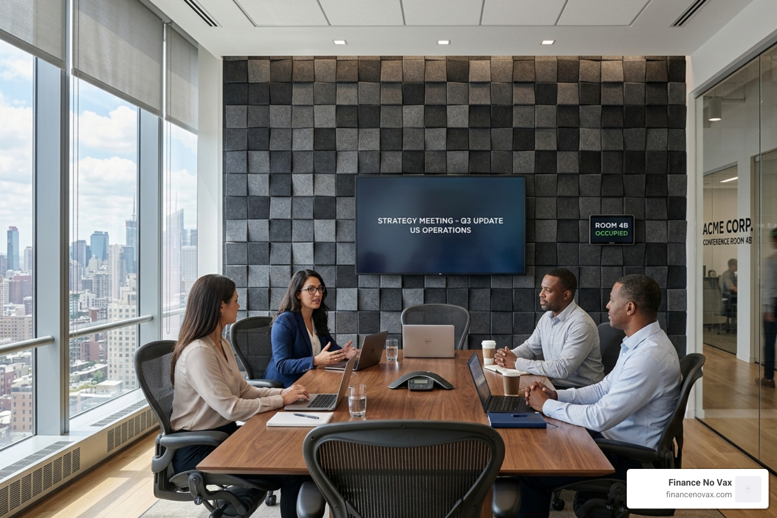Decorative 3D cubic acoustic panels installed on a modern conference room wall - sound panels for office